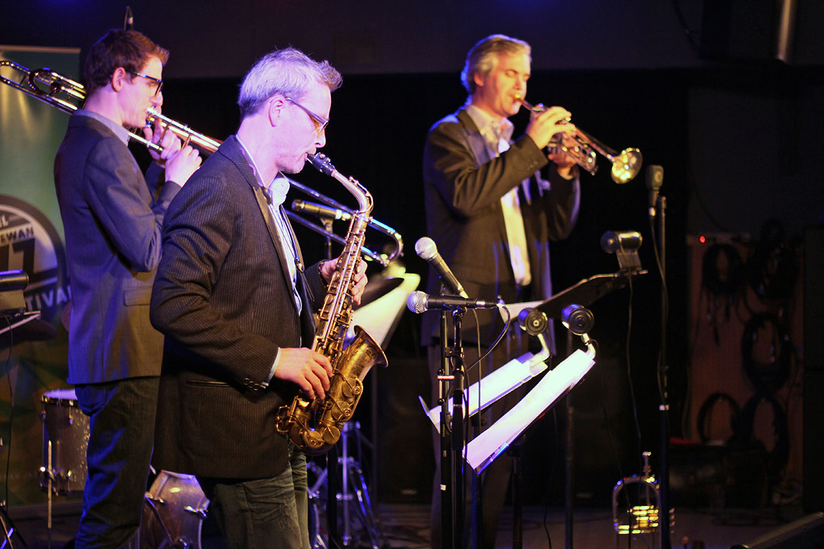 The Story of Jazz. Saxophonist Mark DeJong was joined on stage by Dean McNeill on trumpet and Carsten Rubeling on trombone. Photo taken Tuesday, April 30, 2013.