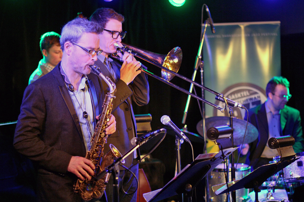 The Story of Jazz. Saxophonist Mark DeJong was backed up by Soren Nissen on bass, Jon McCaslin at the drumkit, and Carsten Rubeling on trombone. Photo taken Tuesday, April 30, 2013.