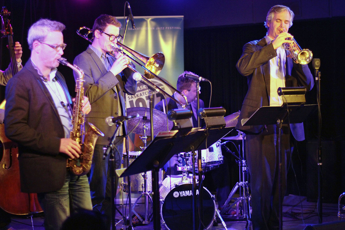 The Story of Jazz. The horn section collectively improvises during the Story of Jazz. Photo taken Tuesday, April 30, 2013.
