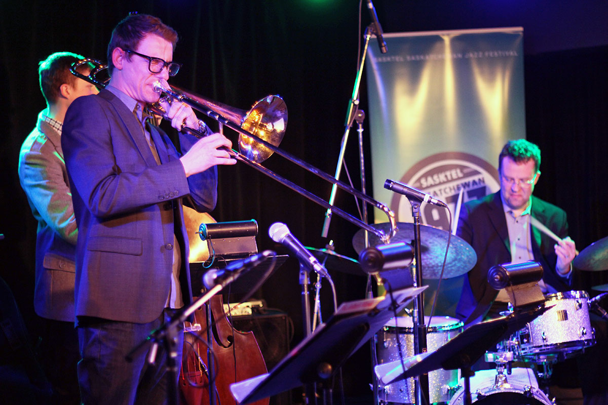The Story of Jazz. Trombone player Carsten Rubeling blowing his heart out at the Story of Jazz. Photo taken Tuesday, April 30, 2013.