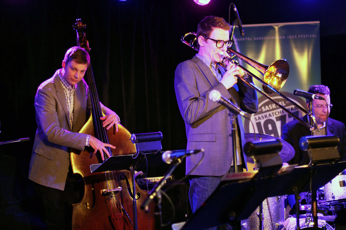 The Story of Jazz. Bassist Soren Nissen and drummer Jon McCaslin play on as Carsten Rubeling solos. Photo taken Tuesday, April 30, 2013.