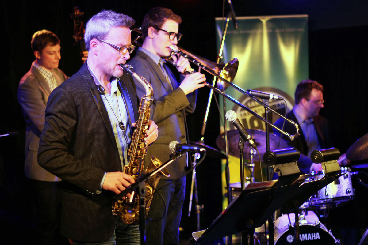 The Story of Jazz. Mark DeJong was joined by Soren Nissen on bass, Carsten Rubeling on the 'bone and Jon McCaslin at the drum kit. Photo taken Tuesday, April 30, 2013.