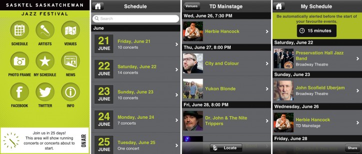 Screenshots of the Jazz Fest app. From left to right: the home screen; the schedule page; a list of shows happening at the TD mainstage; and the My Schedule list of shows that have been 'favourited'.